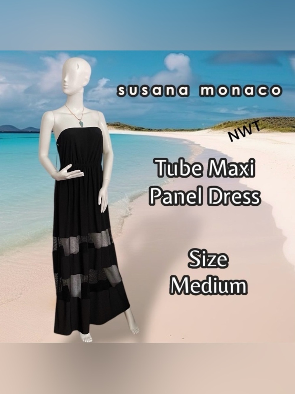 Susana Monaco NWT Strapless Panel Maxi Dress with Mesh Inserts Size Medium Black